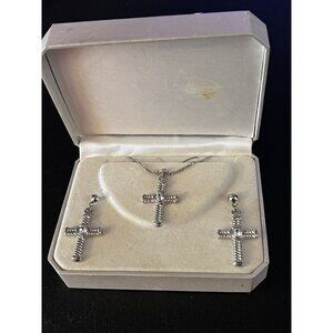Antique Fred Belay Silver Chain and Faux Diamond Cross & Earrings Set